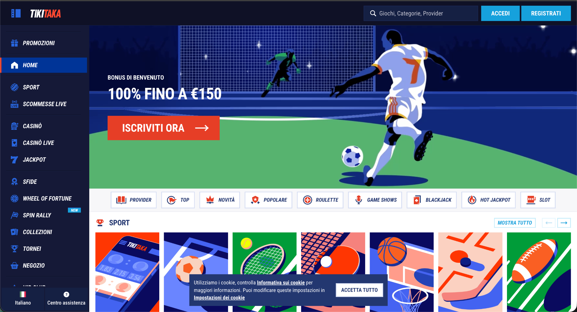 Screenshot della homepage di Tikitaka